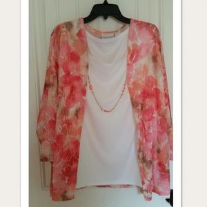 Coral and White Top w/attached Necklace